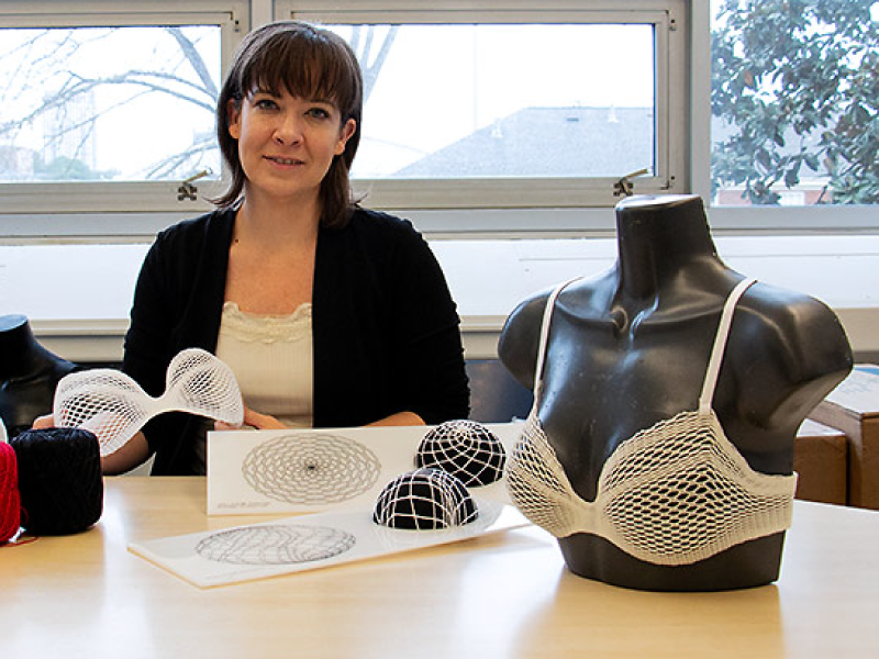 Lisa Marks shows off different phases of the Algorithmic Lace project.