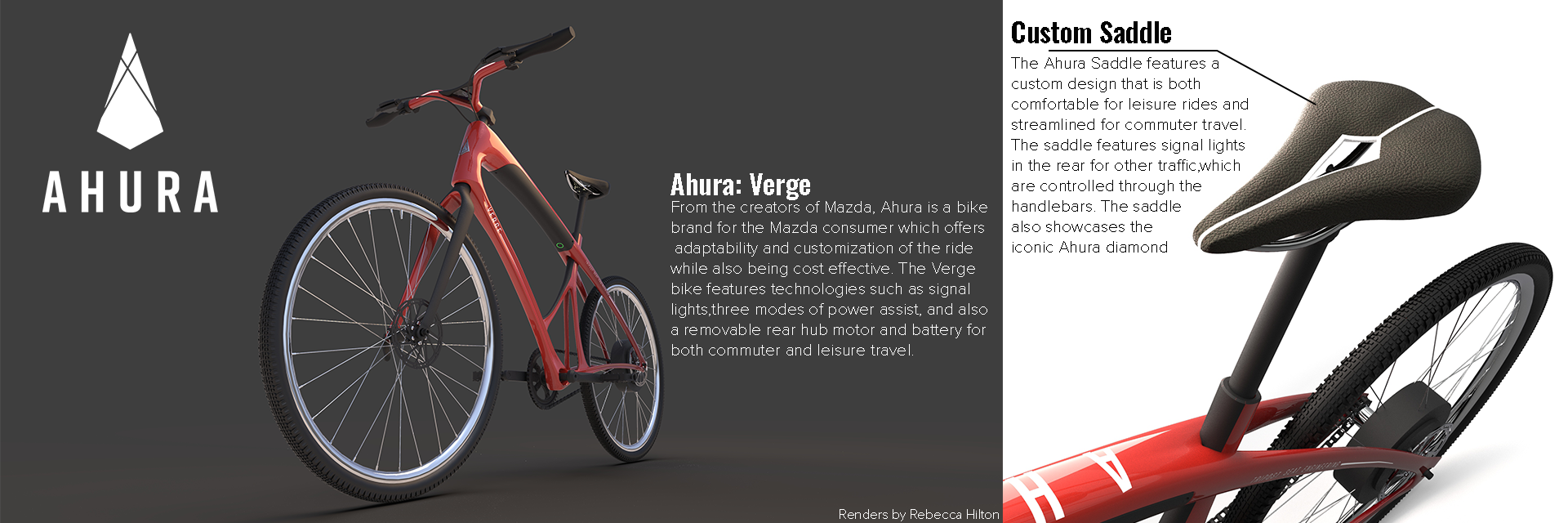 Two renders of a sleek red bicycle.