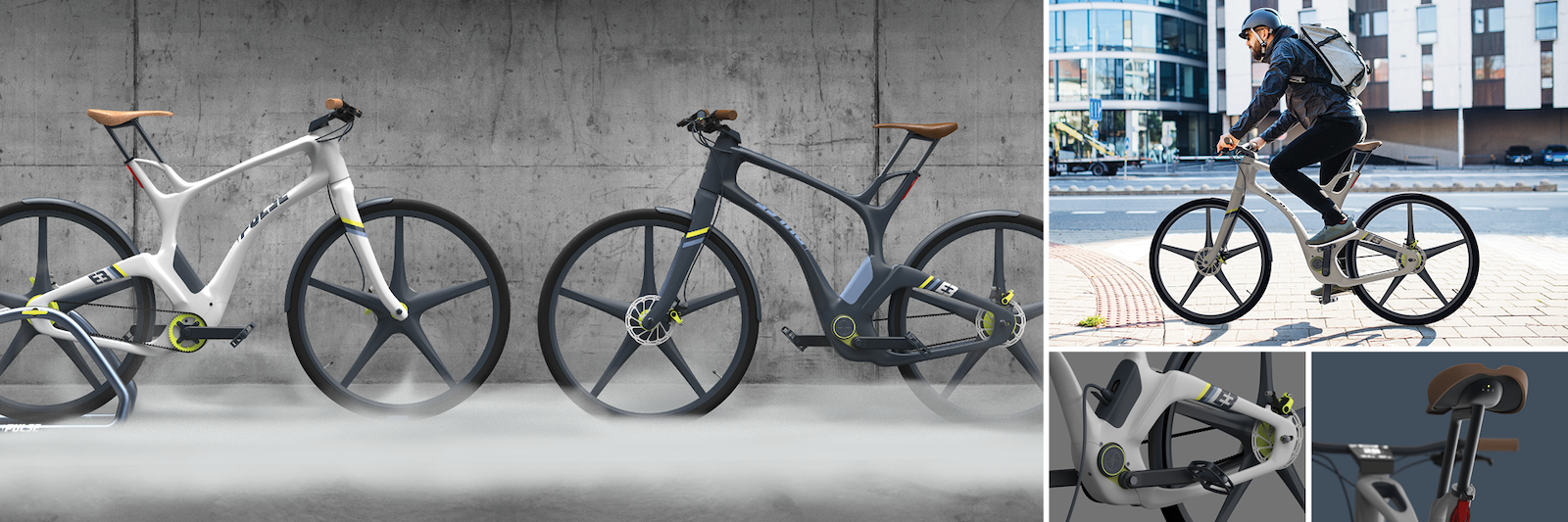 Several renders of bikes, both on display and in use. 