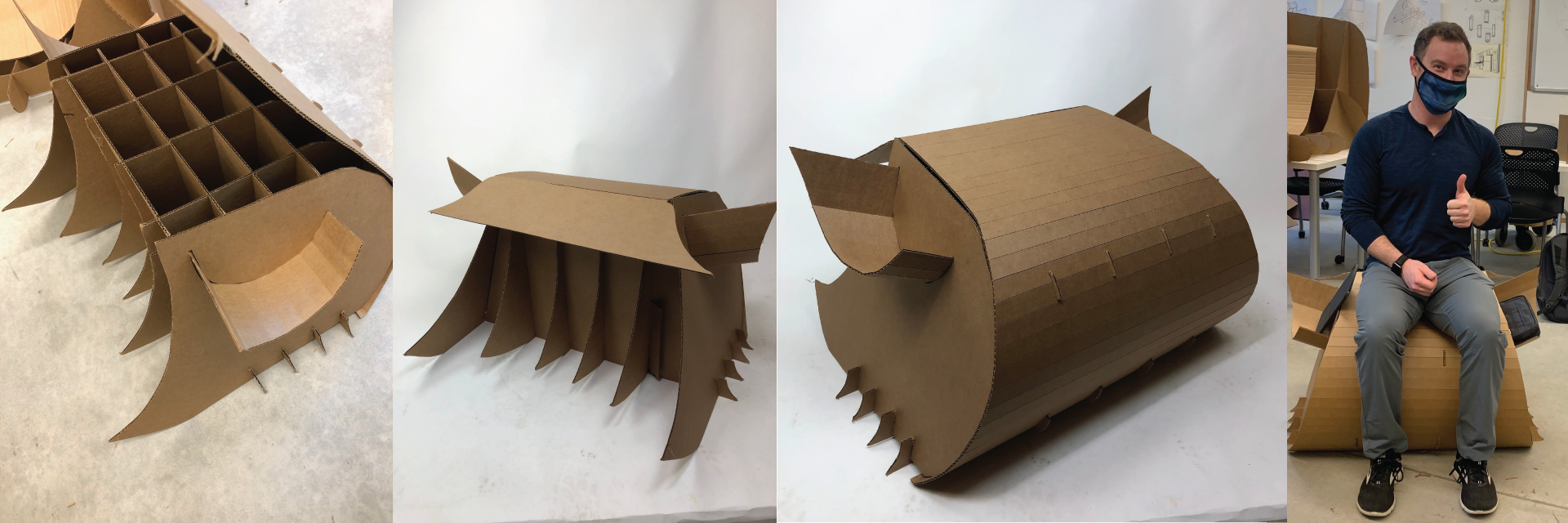 Several photos showing the interworkings of a cardboard stool, as well as a person sitting at it. 