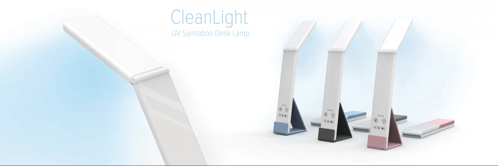 A render of a flip-open desk lamp, with another render showing different coloration options. 