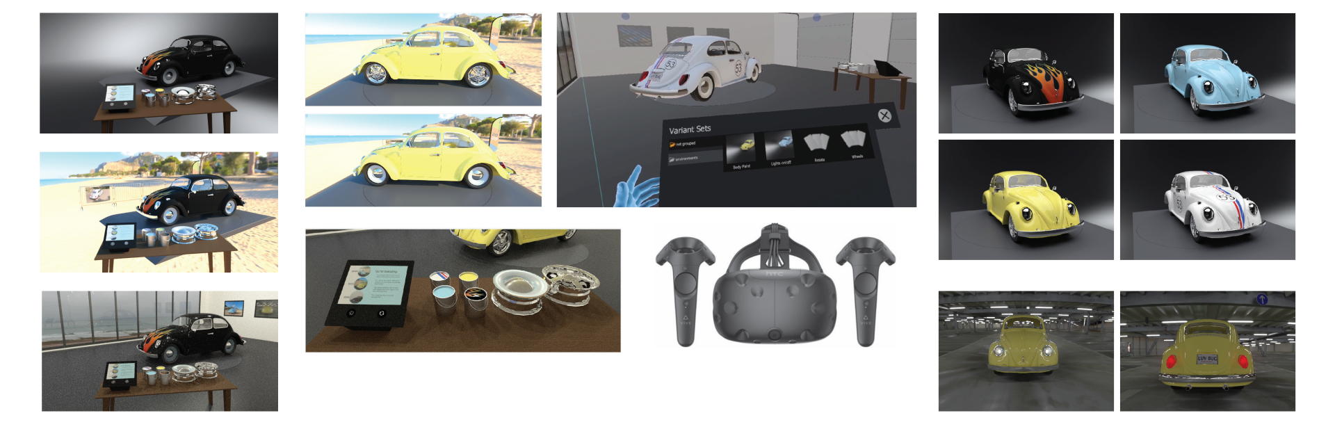 A 3D model of a volkswagon beetle, with different paint schemes on each