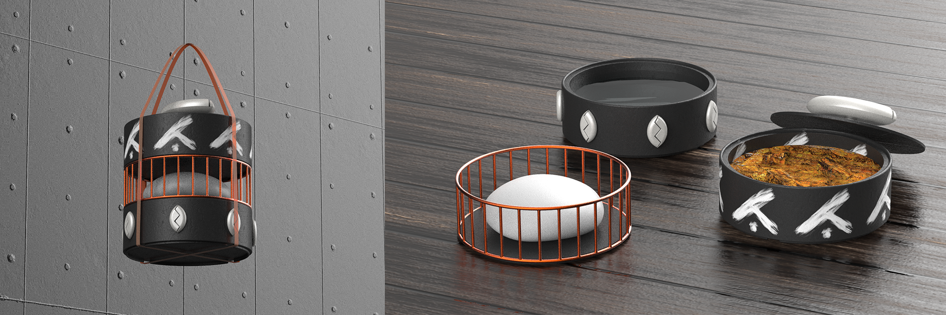 Two sets of cylindrical plateware renders— one is stacked and the other is broken down. 