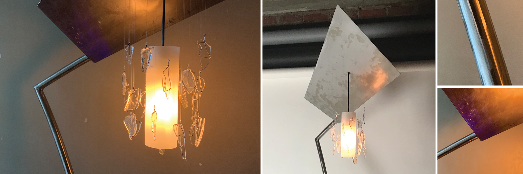 A collage of photos of a tall lamp with a light hanging from the top, and a large metal plate atop the light. 
