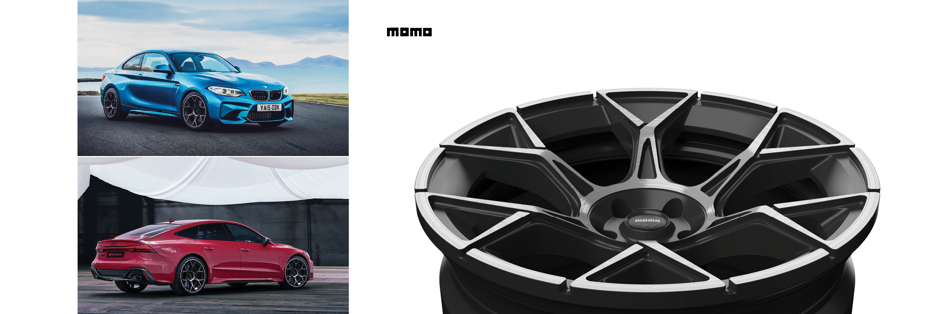 Large render of a tire wheel, as well as renderings of that wheel set in different cars. 