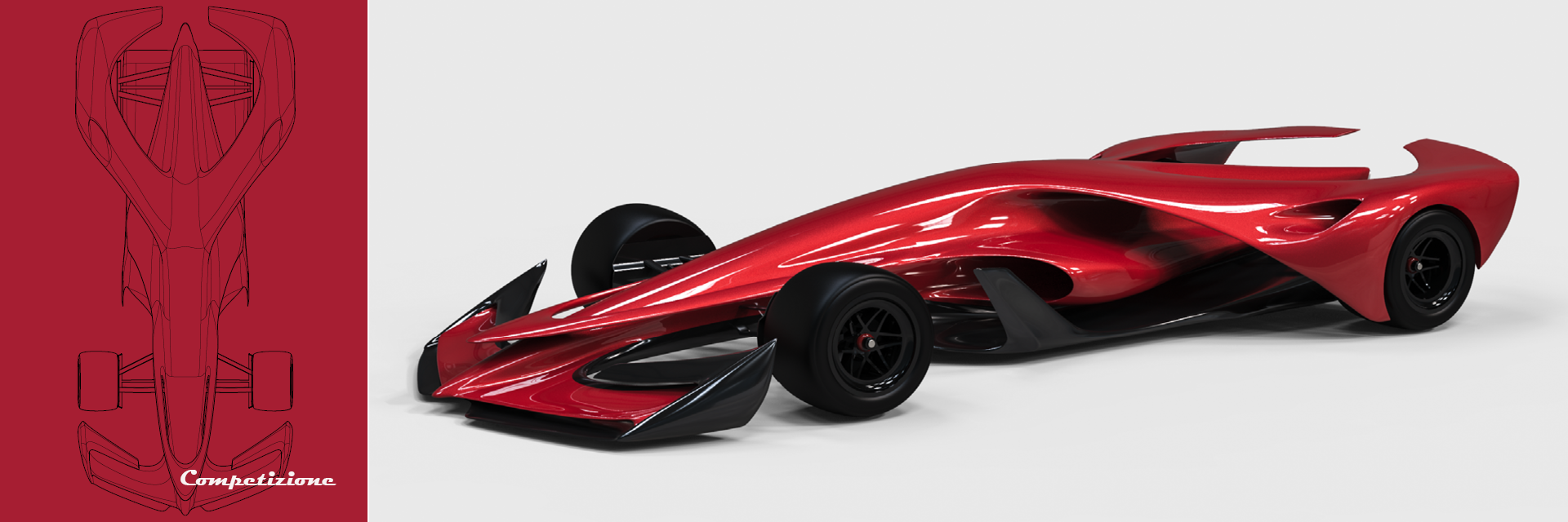 A render and a sketch of a uniquely shaped red racecar. 