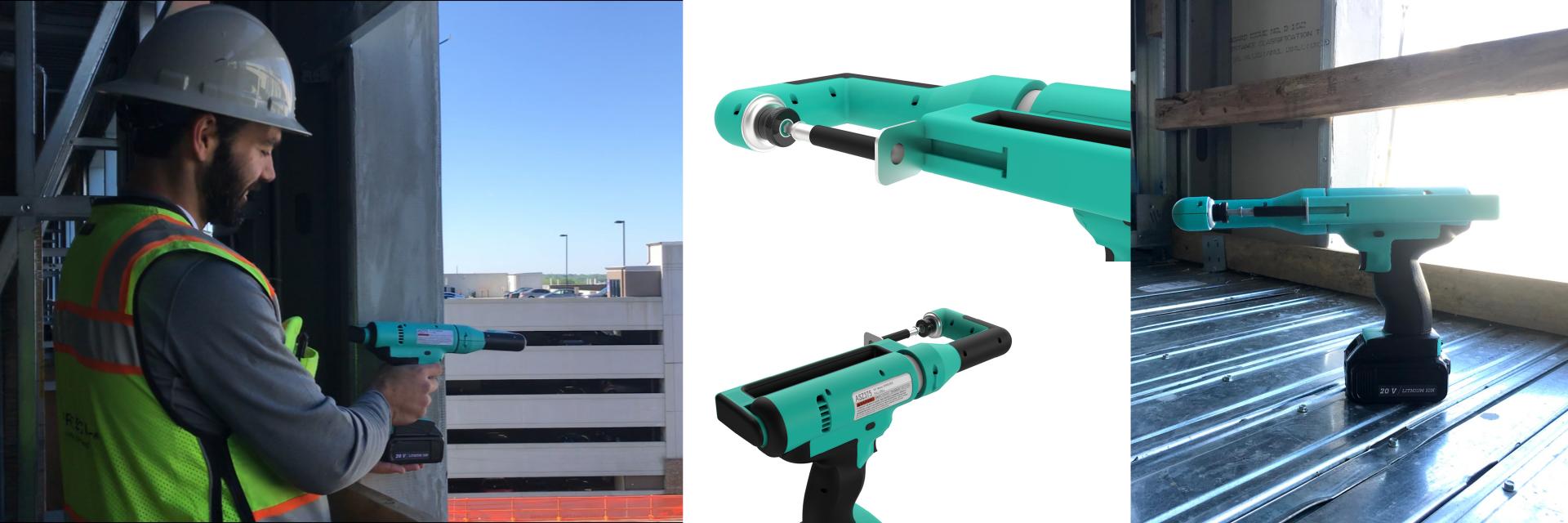 Several renders and images of a teal power tool. 