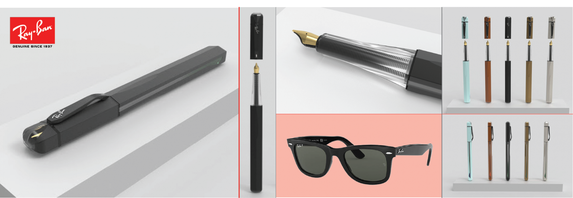 Several renders of a rectangular pen, at different angles and with different colors. 