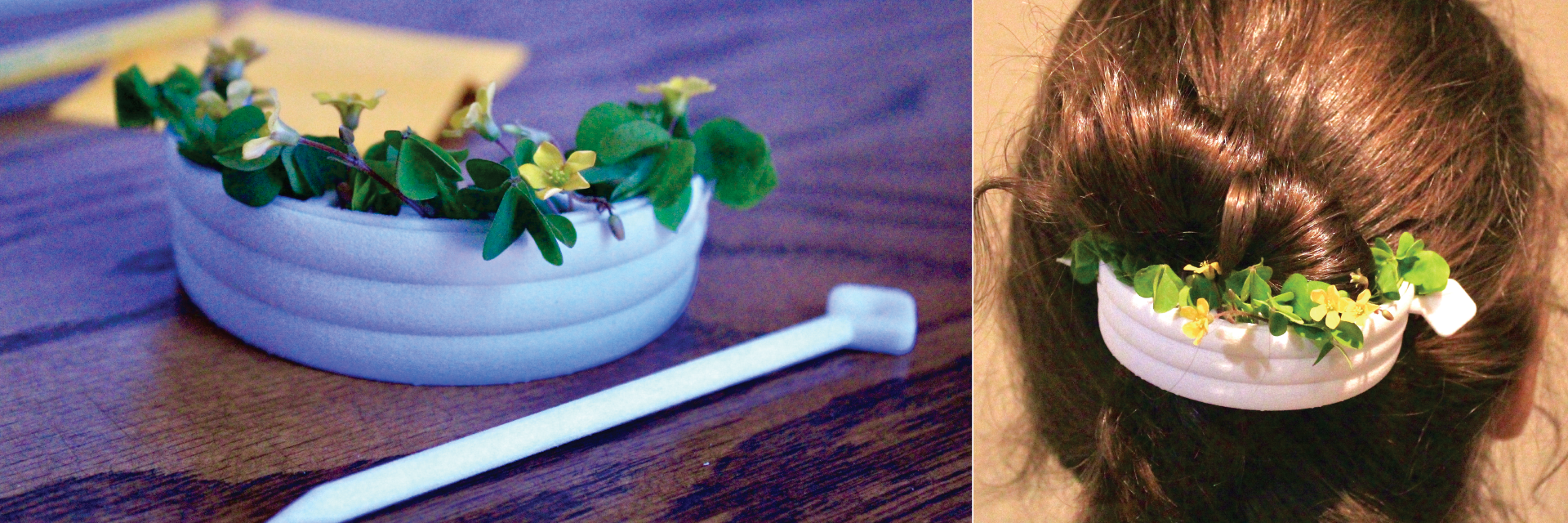 A photo set of a hairpin with plants in it, first displayed, and second pinned in hair. 
