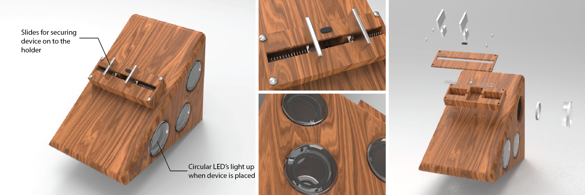 Renders of a wooden phone holder/amplifier. 
