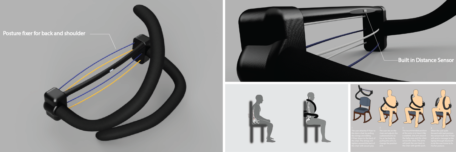 Images of a chair with a brace on it. 