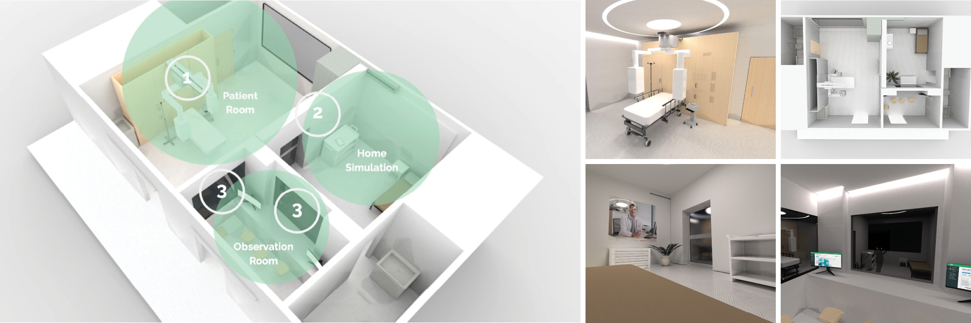 Several renders of a hospital room layout.