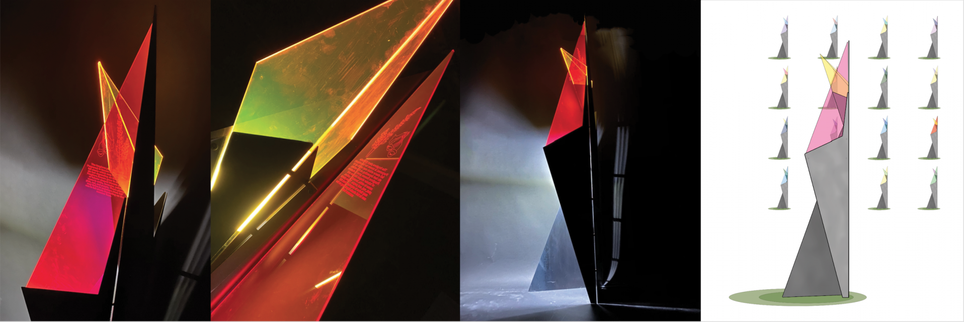 A series of images depicting a modern standing lamp. The first three show the build lamp, comprised of dark metal and the top being glowing colored acrylic. The fourth image is a drawn render depicting different color schemes and the basic lamp design. 