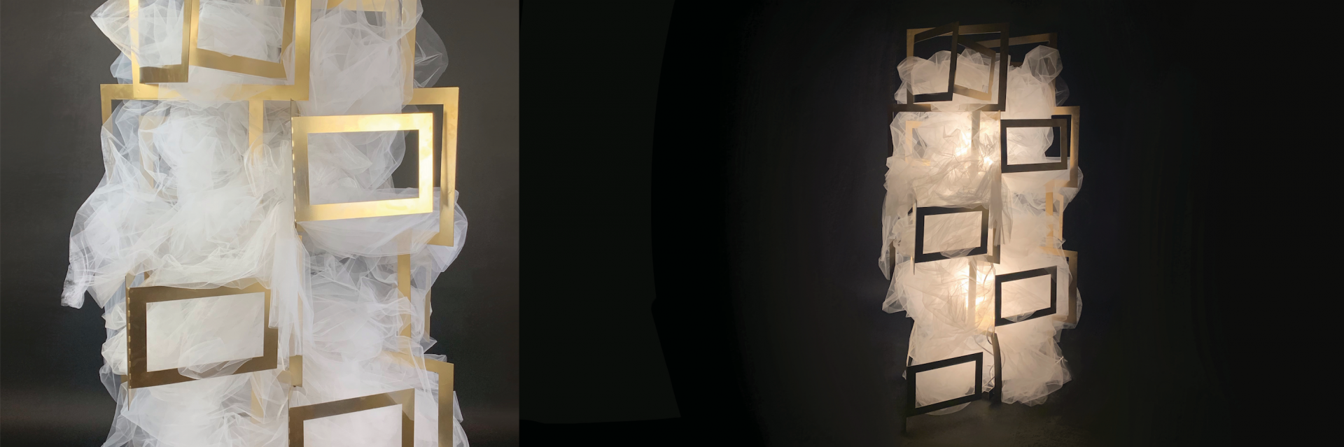 Two images of a lighting fixture. The left image is a close up, detailing the gauze and gold elements of the fixture. The right image displays the lamp on in full display.