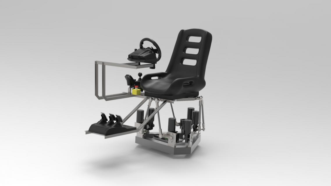 A digital render of a chair, with attachments and control panels coming off of it.