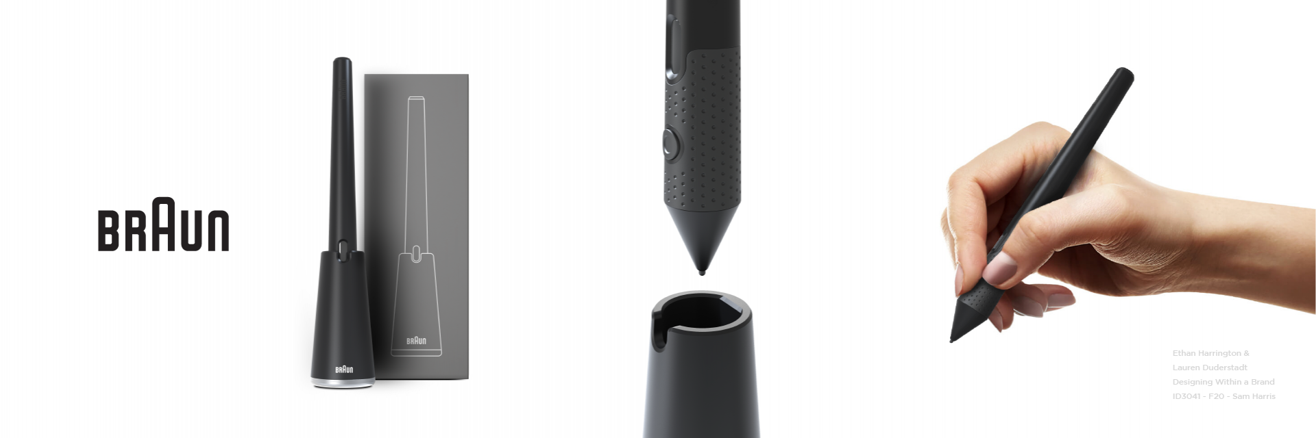 Three renders of a stylus, one in use, one detail, and one overall. 