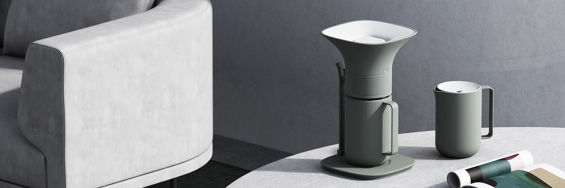 A render of a grey coffee maker in context. 