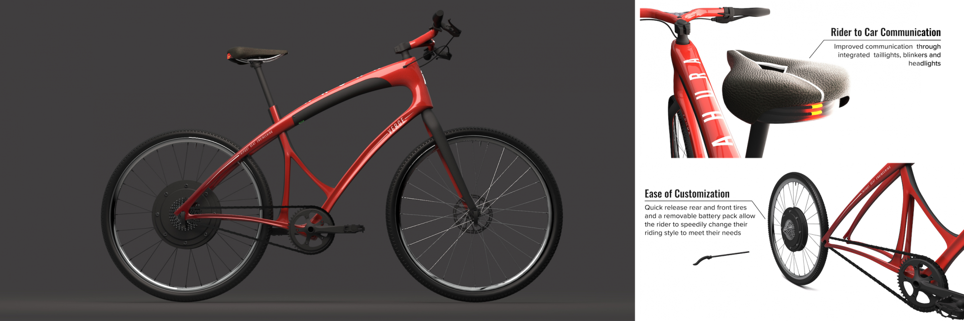 Several renders of a red bike. 