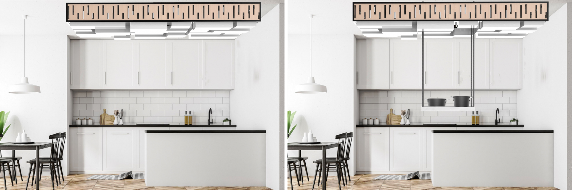 Two photos of a kitchen storage system, one in use and one closed. 
