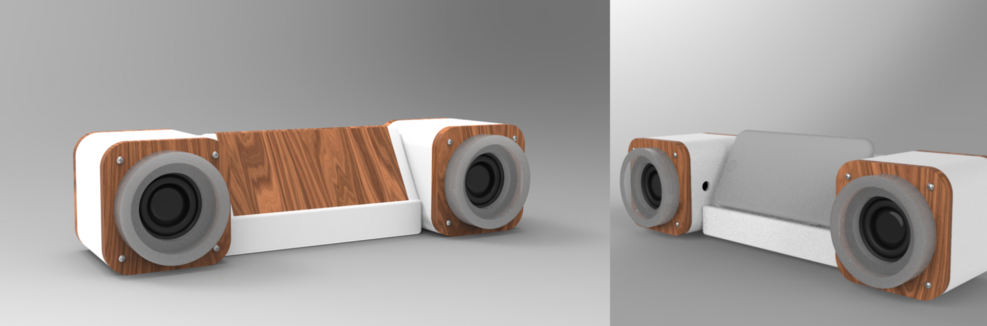 Two renders of a phone rest and amplifier. 