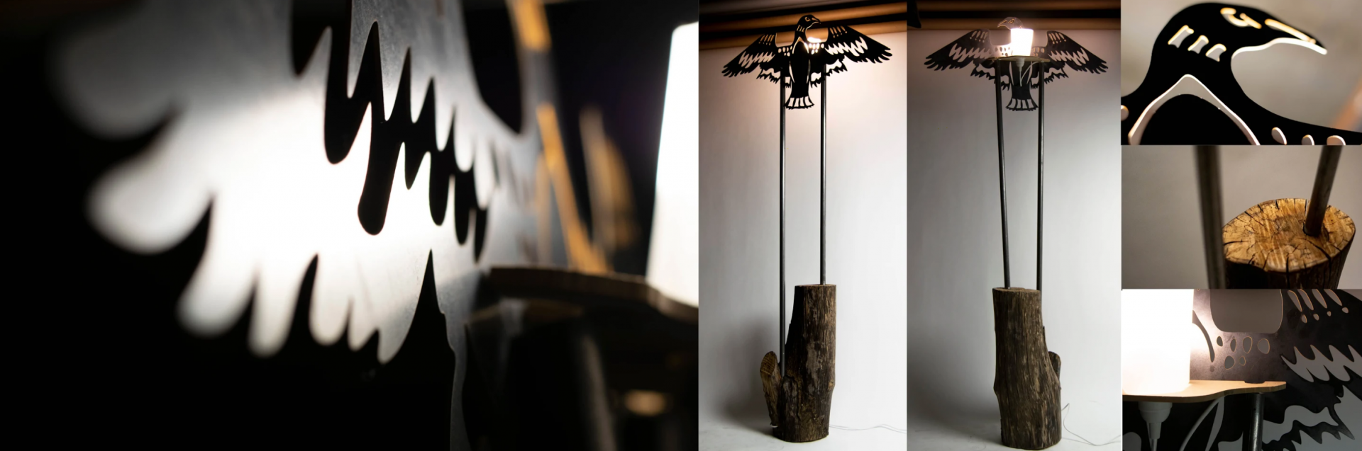 Several photos of a bird shaped lamp.