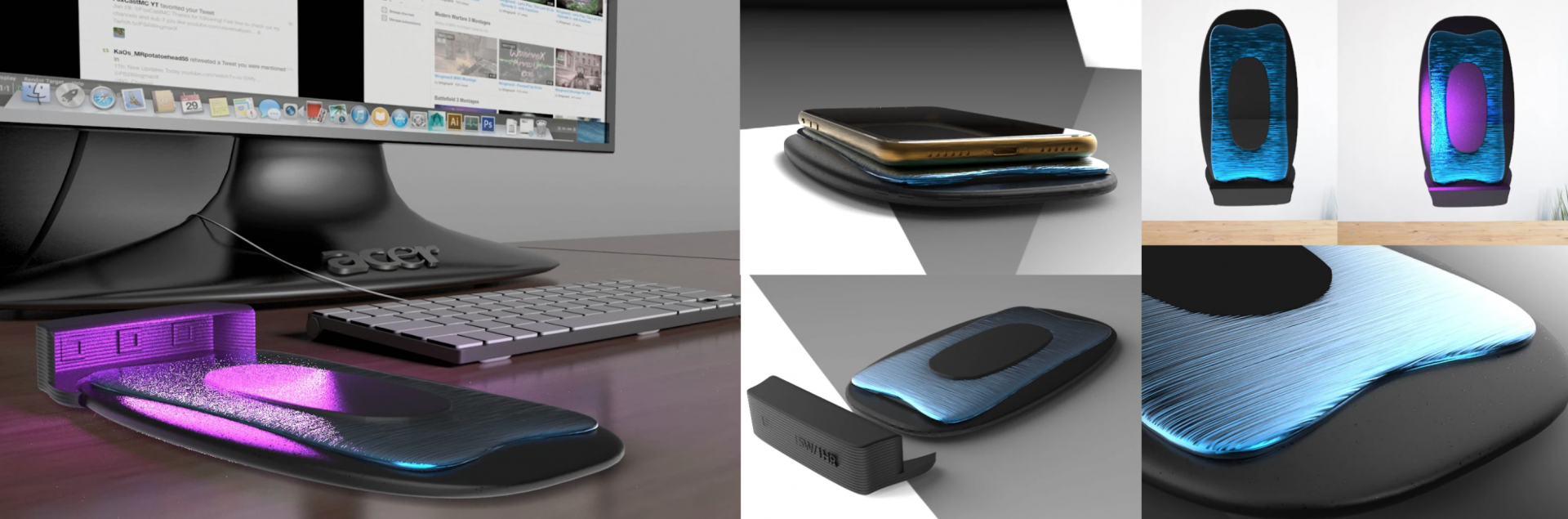 Several renders of a flat, rectangular electronic device. 