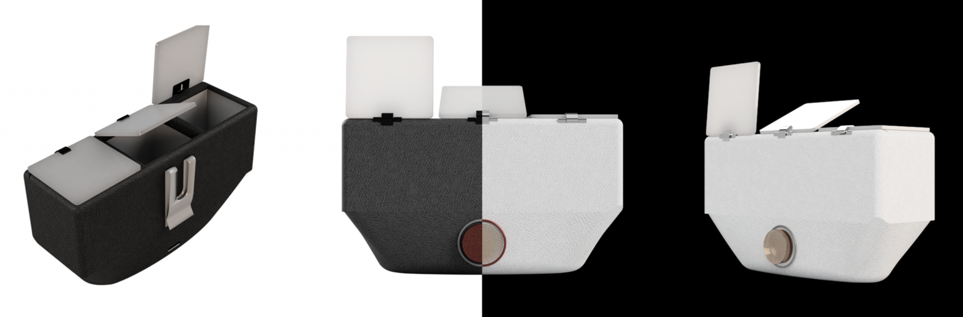 Renders of a medicine case in white and black. 