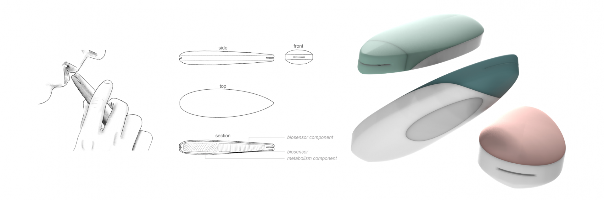 A set of sketches and related renderings showing a small pod like devise. 
