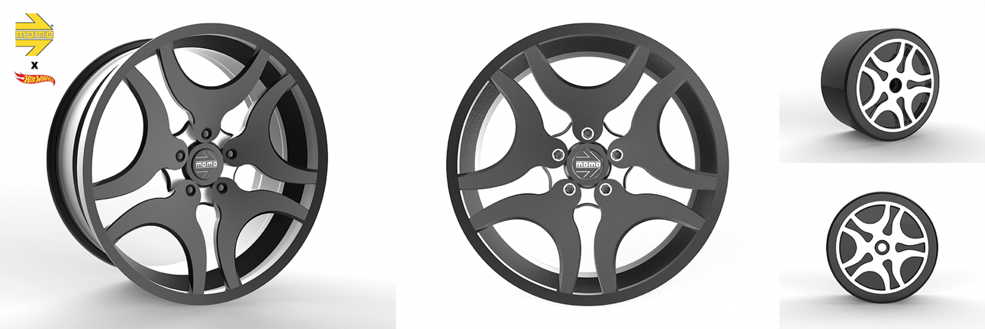 Several renders of a detailed car wheel. 