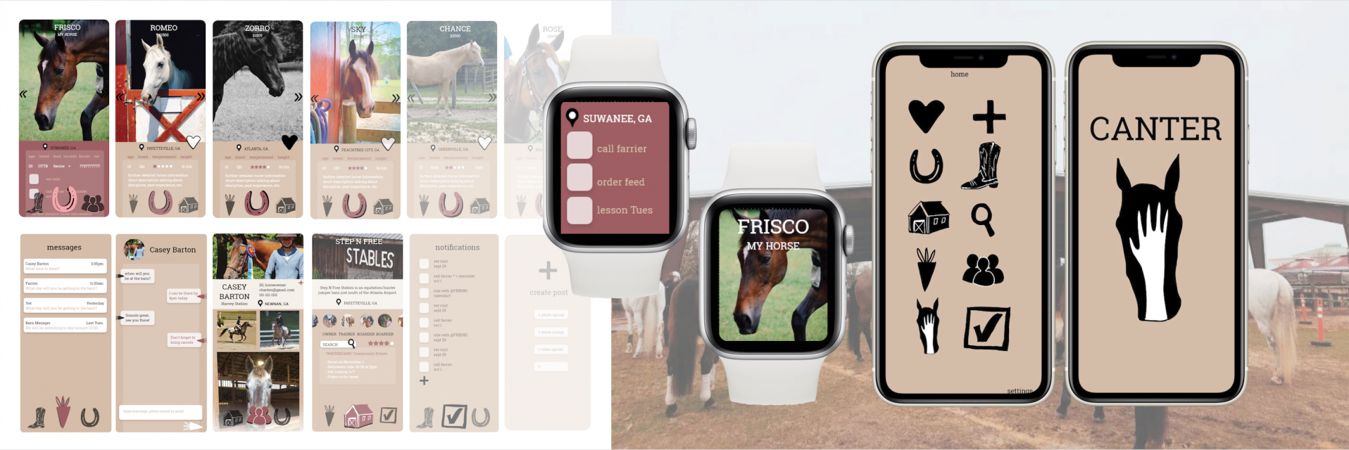 Several renders of a horse app interface. 