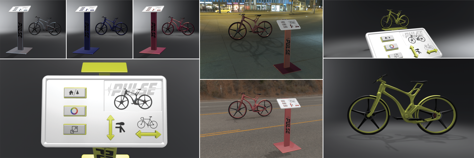 Images of a virtual reality bike shop and street.