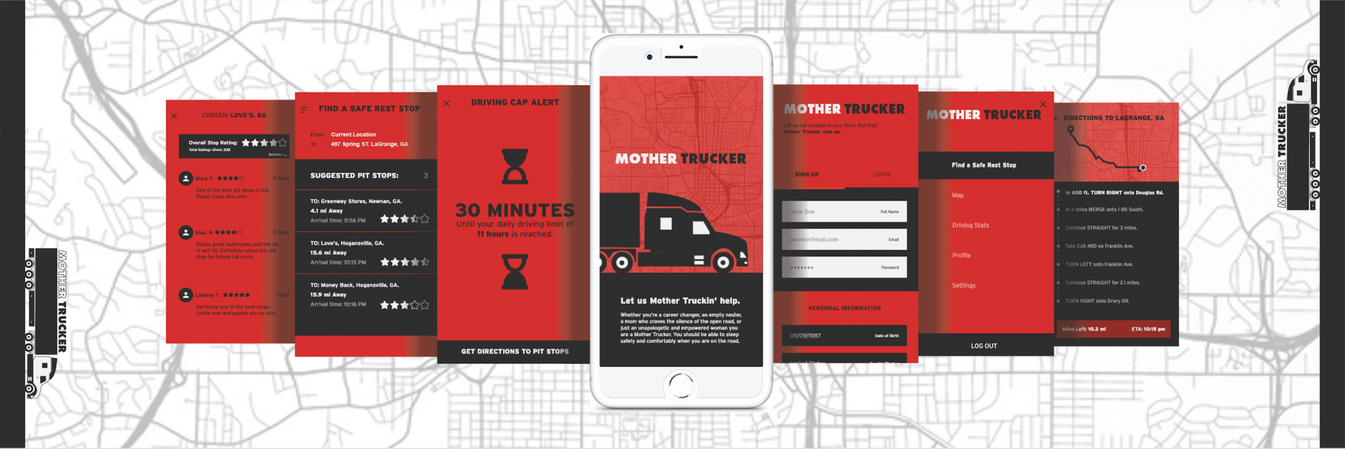 Images from different parts of the Mother Trucker app