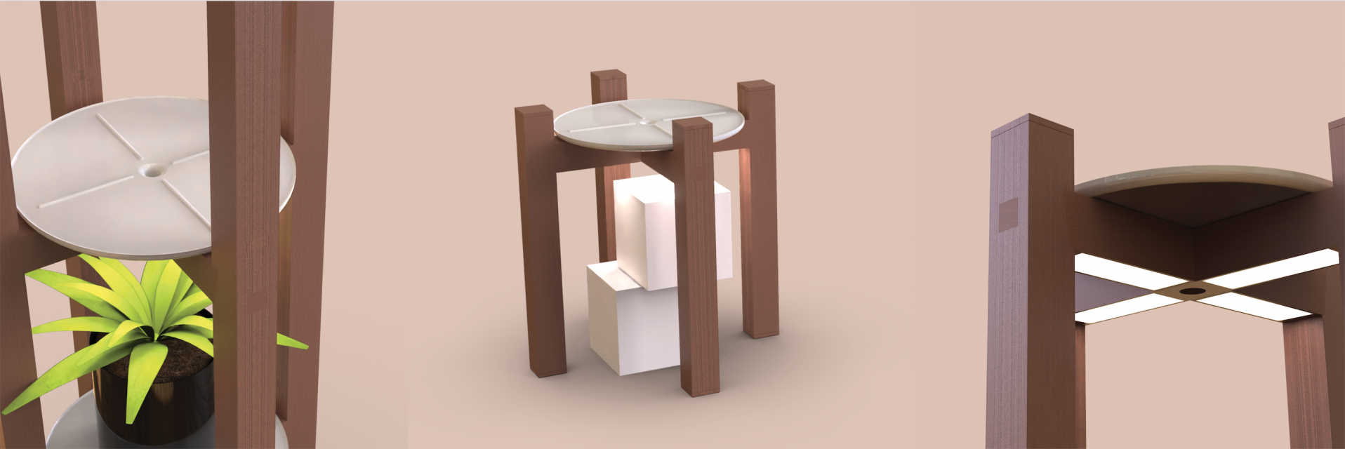 Three renders of a table with a light from different angles. 