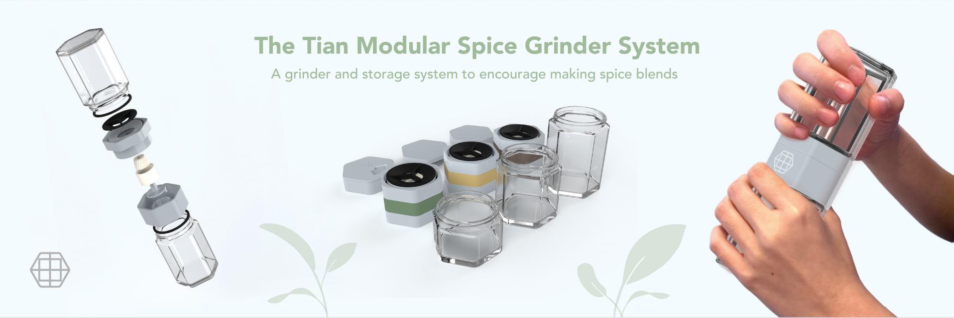 An exploded, display, and in-use render of a set of spice holders. 