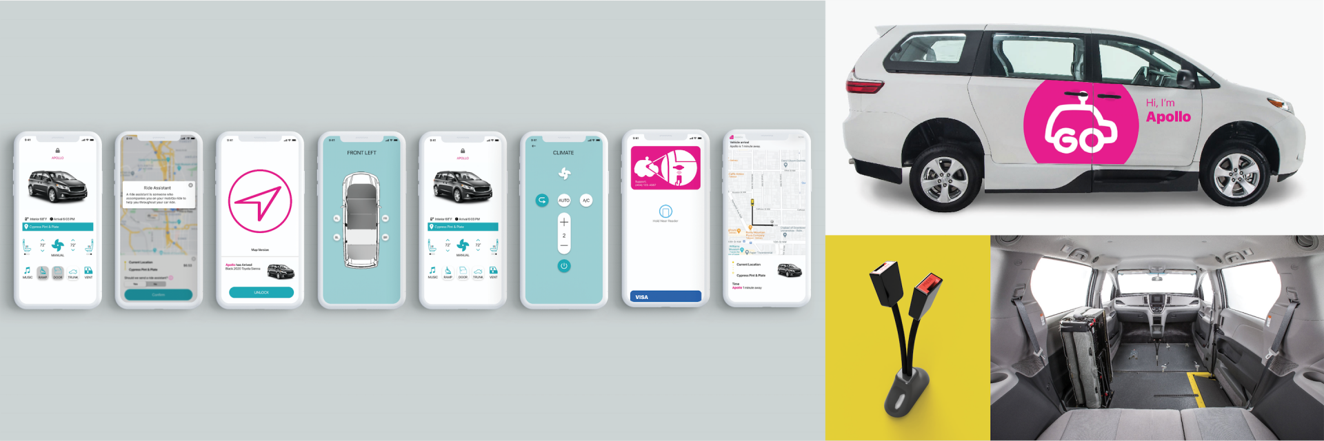 Several renders of a car and an app interface. 