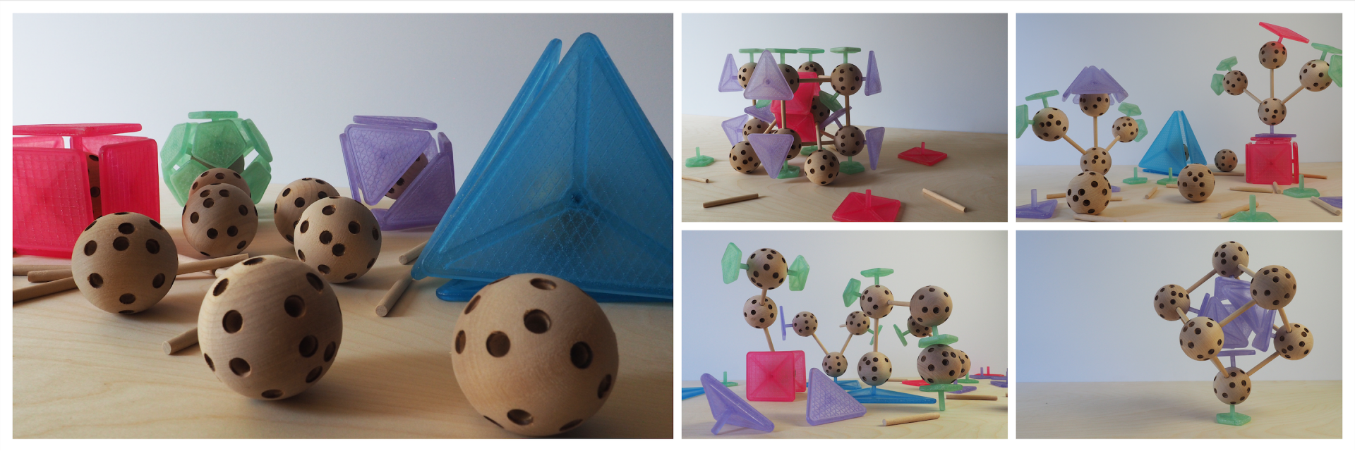 Several images of a simple geometric toy set. 