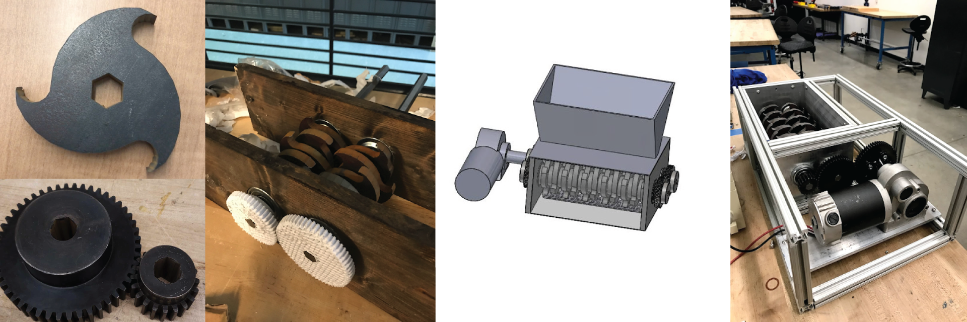 Photos of the blade detailing, prototype, CAD model, and final model of a large shredding machine. 