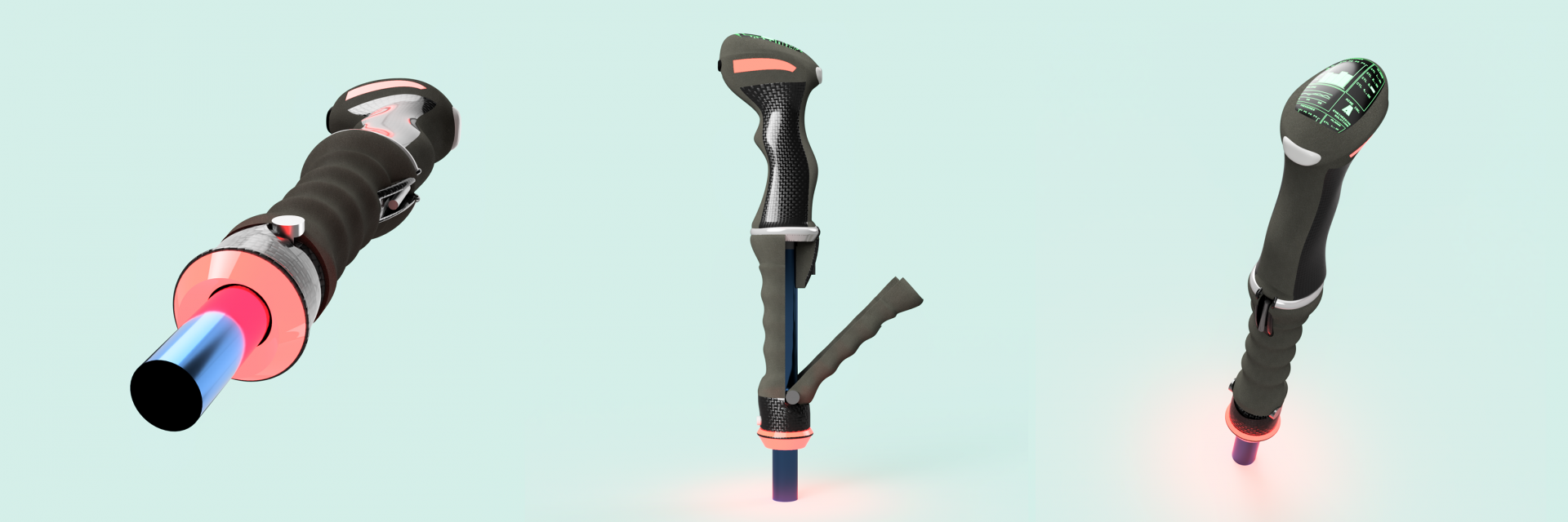 Several renders of a club-like walking stick. 