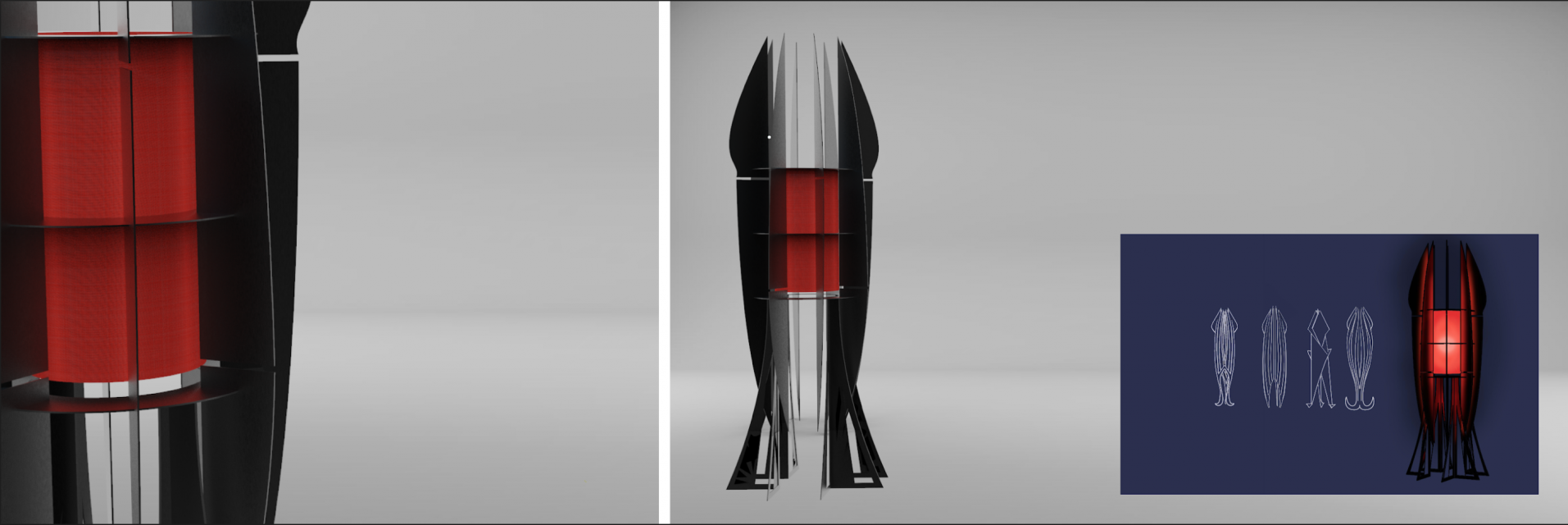 Several renders in different perspectives of a rocket-like floor lamp. 
