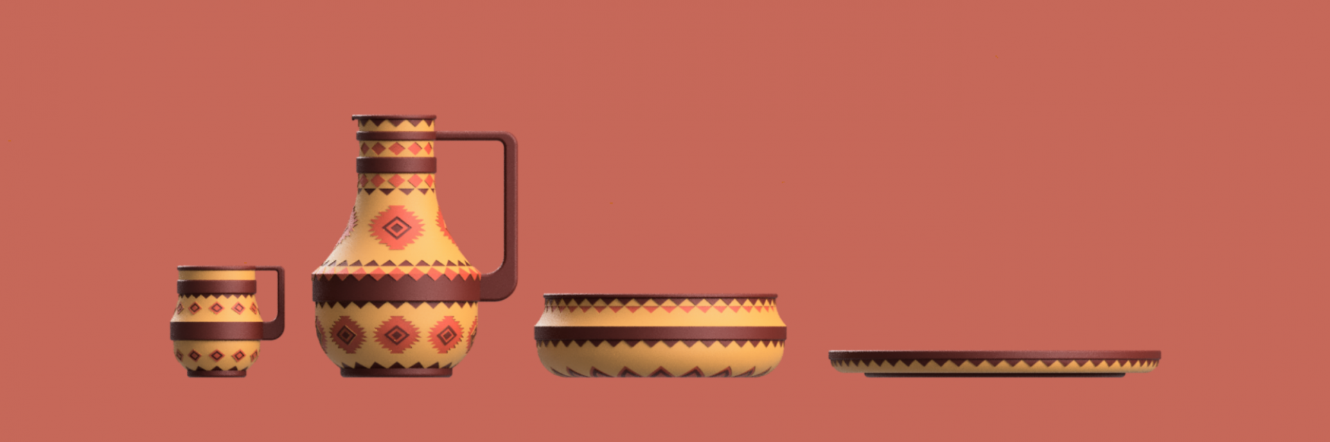 A render of a dish set with bright warm colors and Incan patterning. 