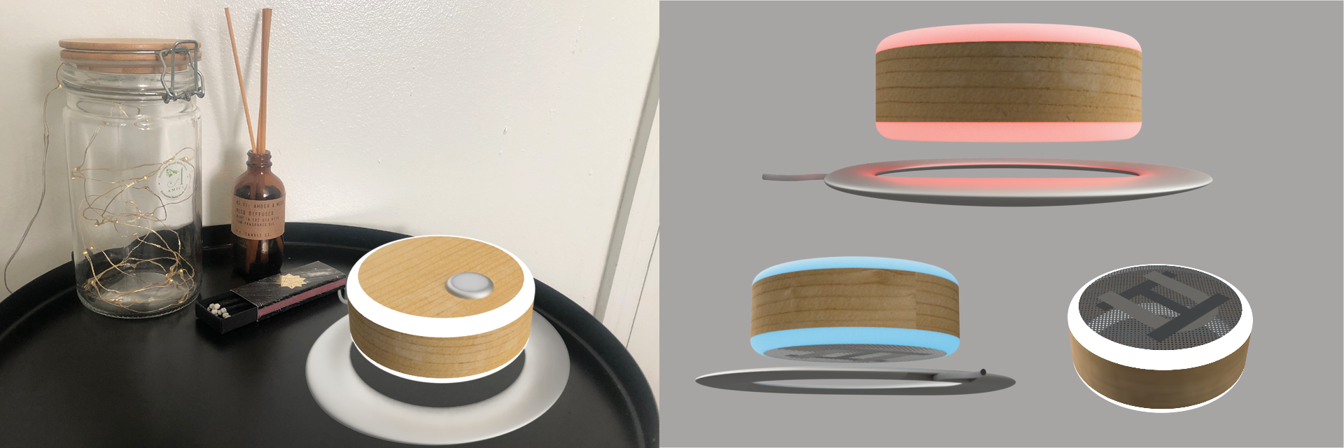Renders of a smart circular object with a ring of status LED lights. 
