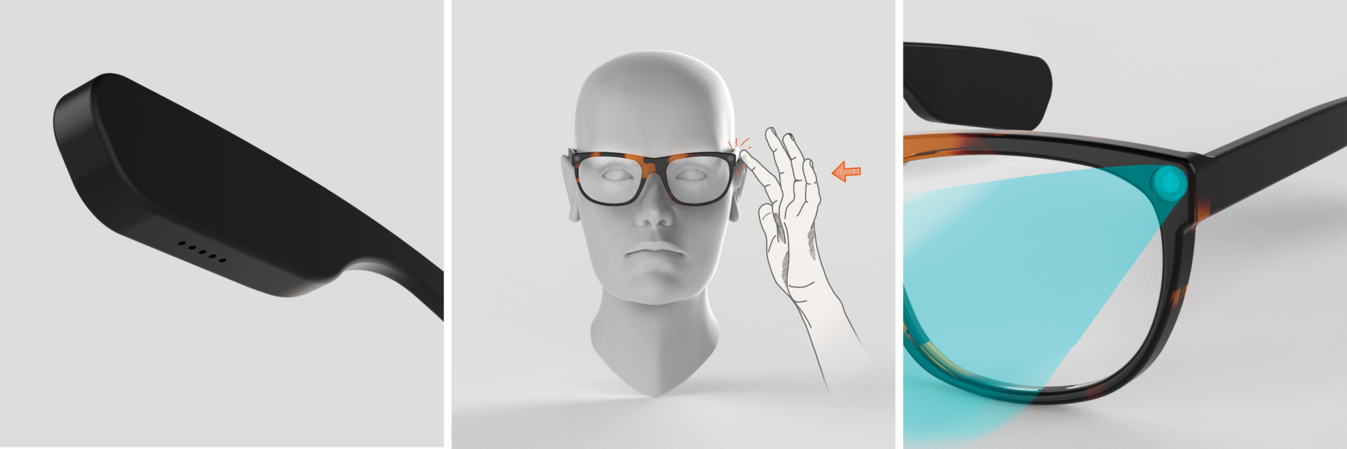 Renders of smart glasses with a human model wearing them