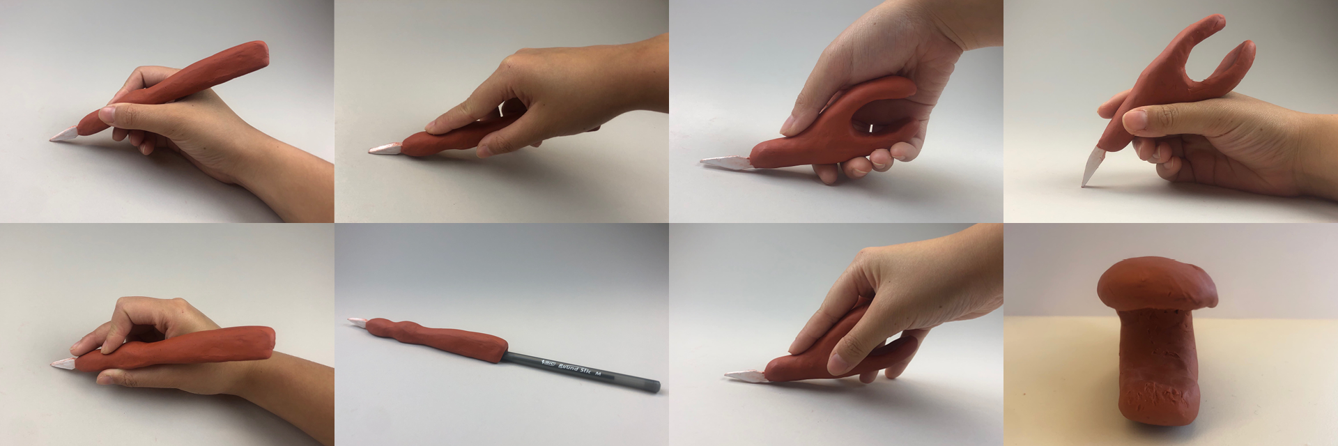 The picture shows a grid of different hand positions on clay models for an exacto knife