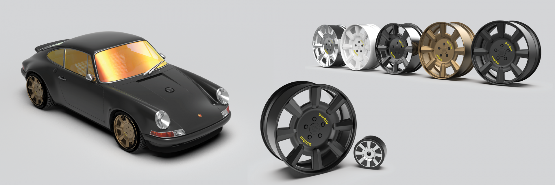 Several shots and renders of a car with wheel detailing. 