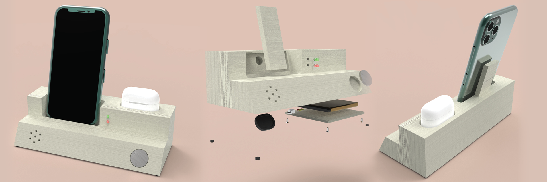 Several renders of a dock and phone holder. 