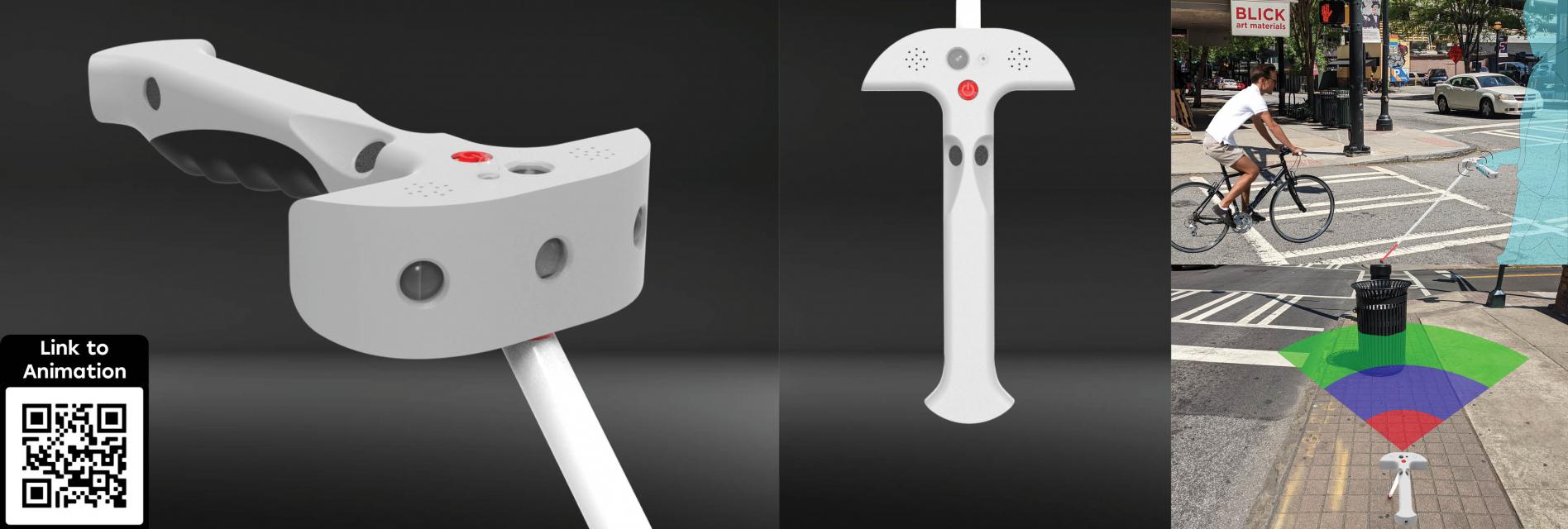 Renders of a white cane-like tool