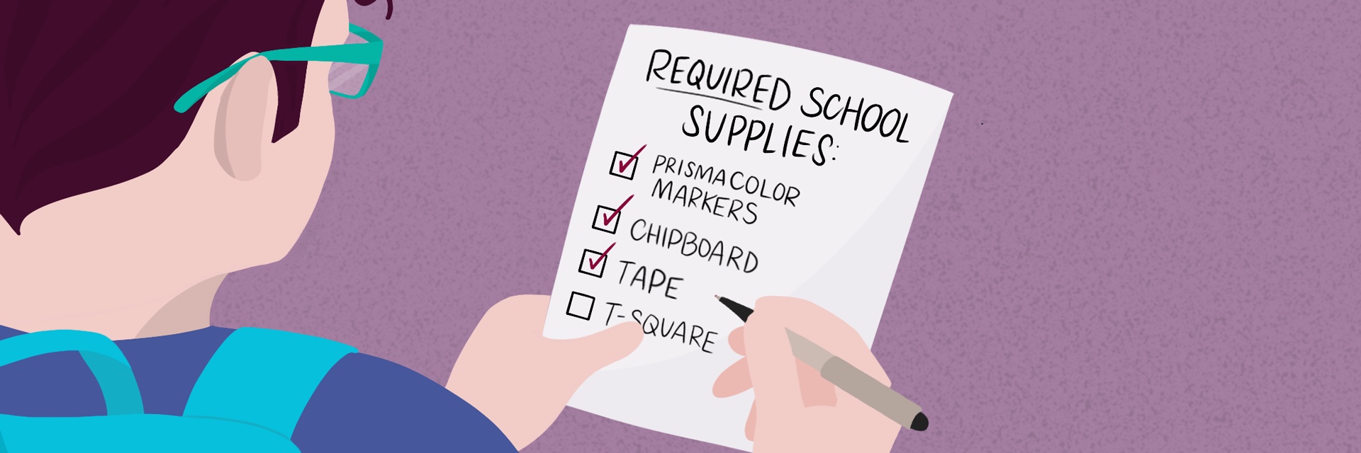 Illustration of student and looking at a list of required school supplies
