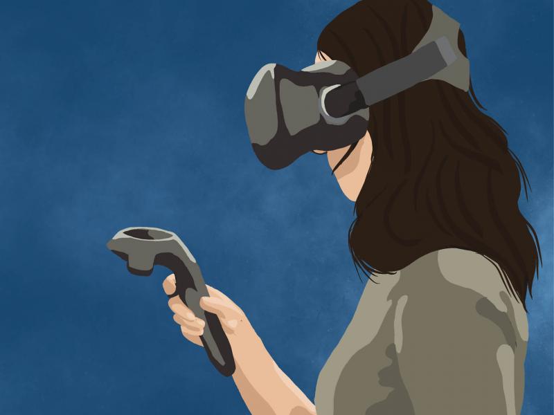 Woman with VR headset and hand control