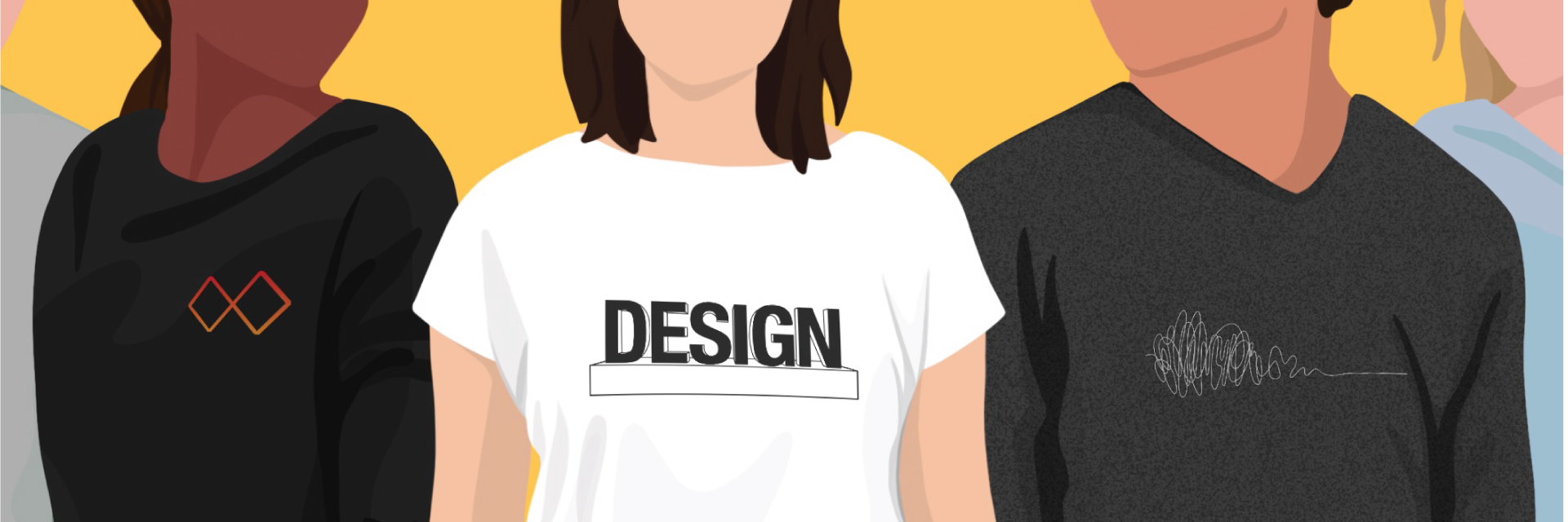 Illustration of students standing and showcasing their IDSA t-shirts.