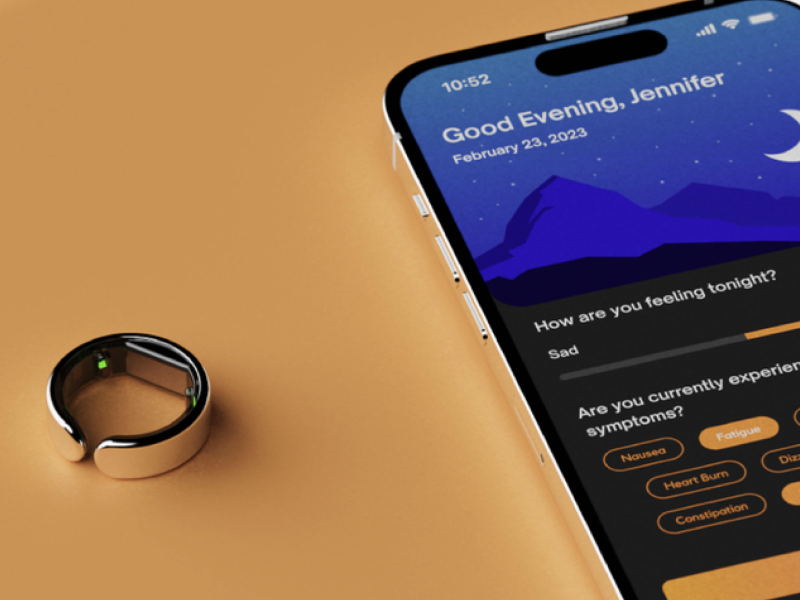 render of a tracking ring and a phone displaying companion app